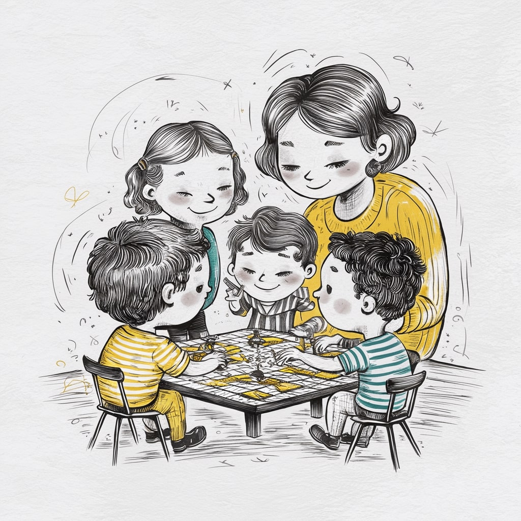 Famiglia gioca a un gioco da tavolo insieme.