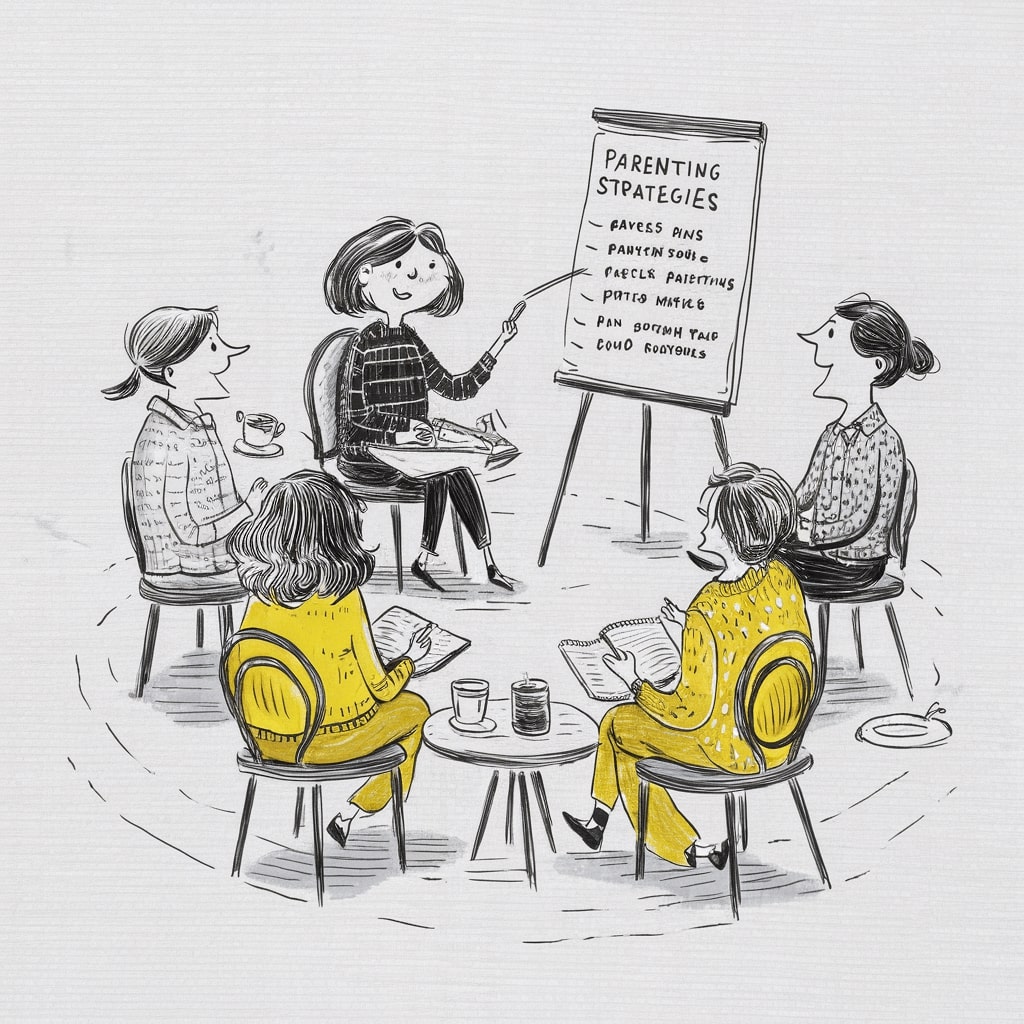 Gruppo discute strategie genitoriali in riunione.