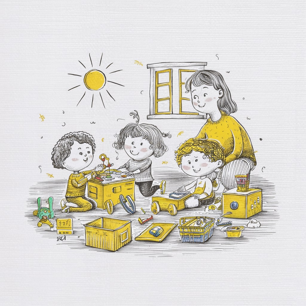 Bambini giocano con scatole e giocattoli colorati.
