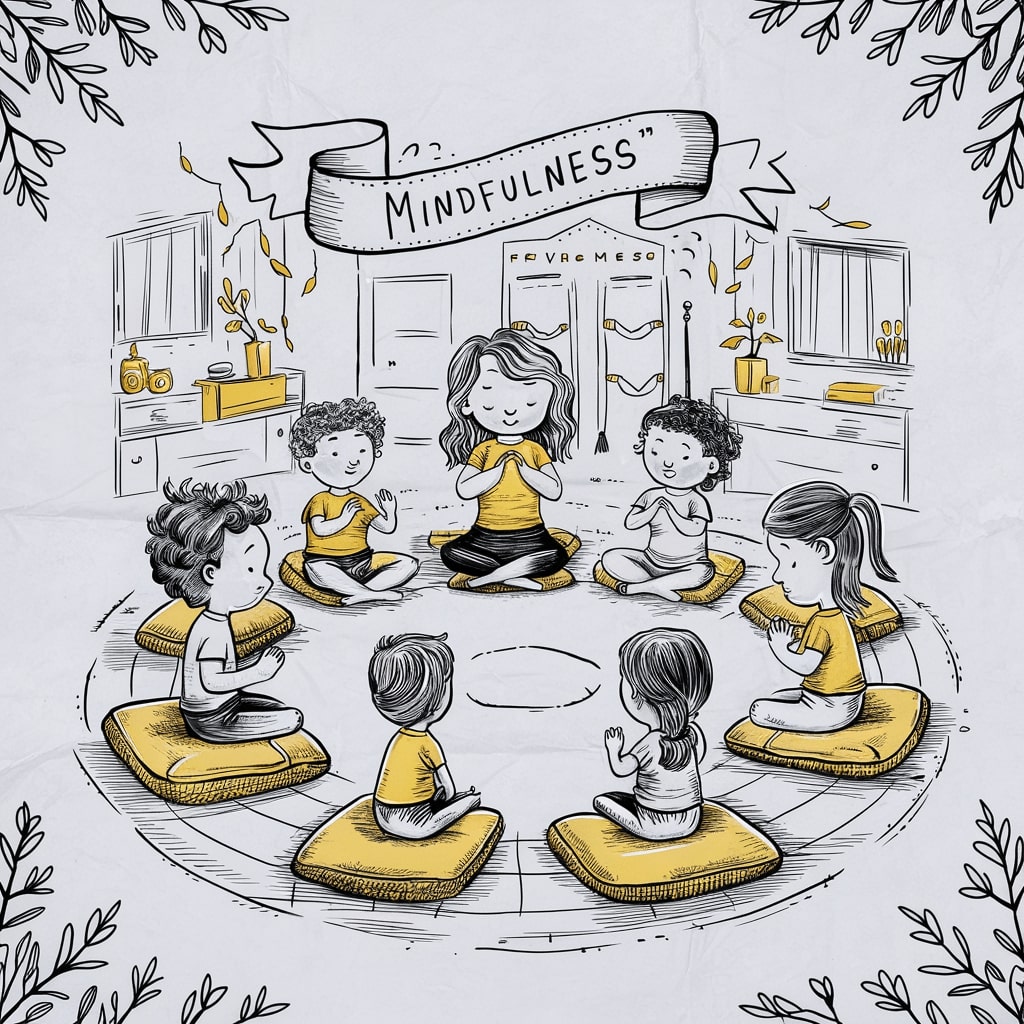 Bambini praticano mindfulness seduti in cerchio.