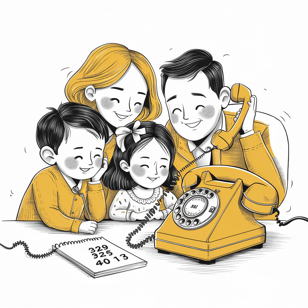 Famiglia riunita attorno a vecchio telefono giallo.