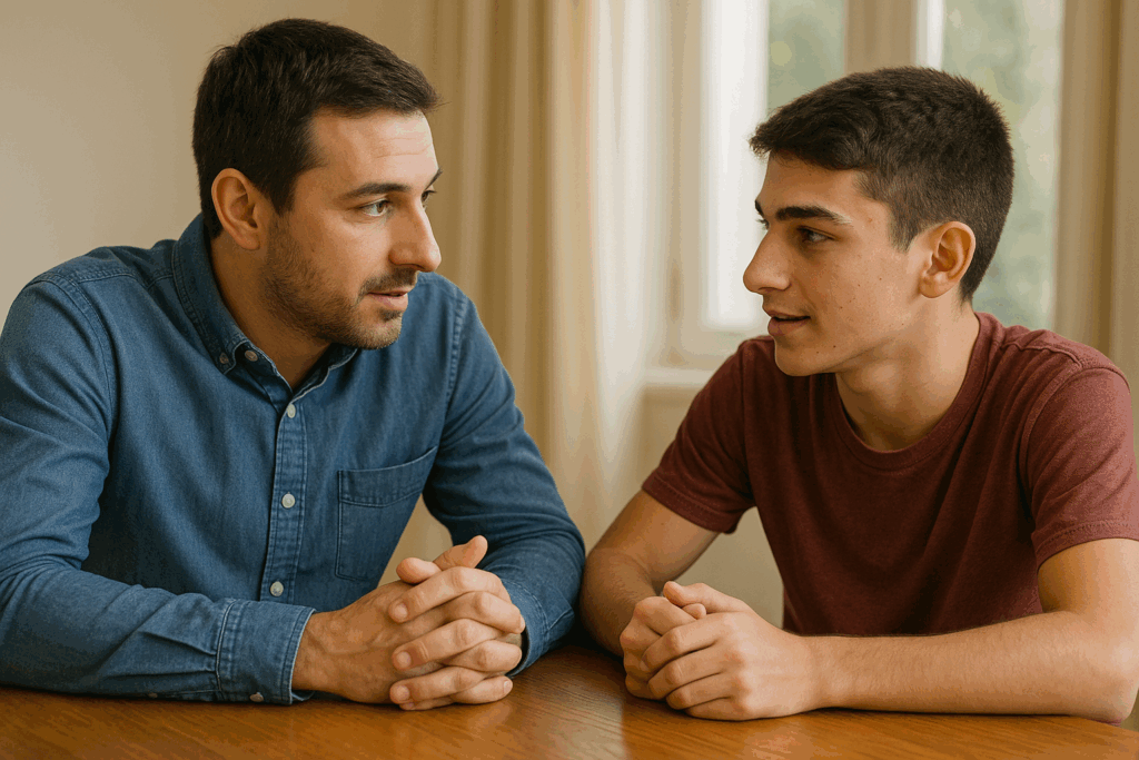 Due persone conversano al tavolo.