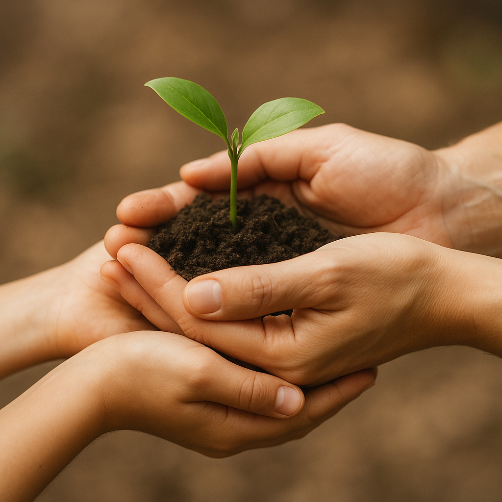 Mani che piantano un germoglio verde nel terreno.