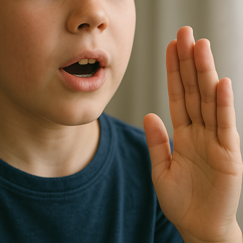 Bambino che parla con mano sollevata