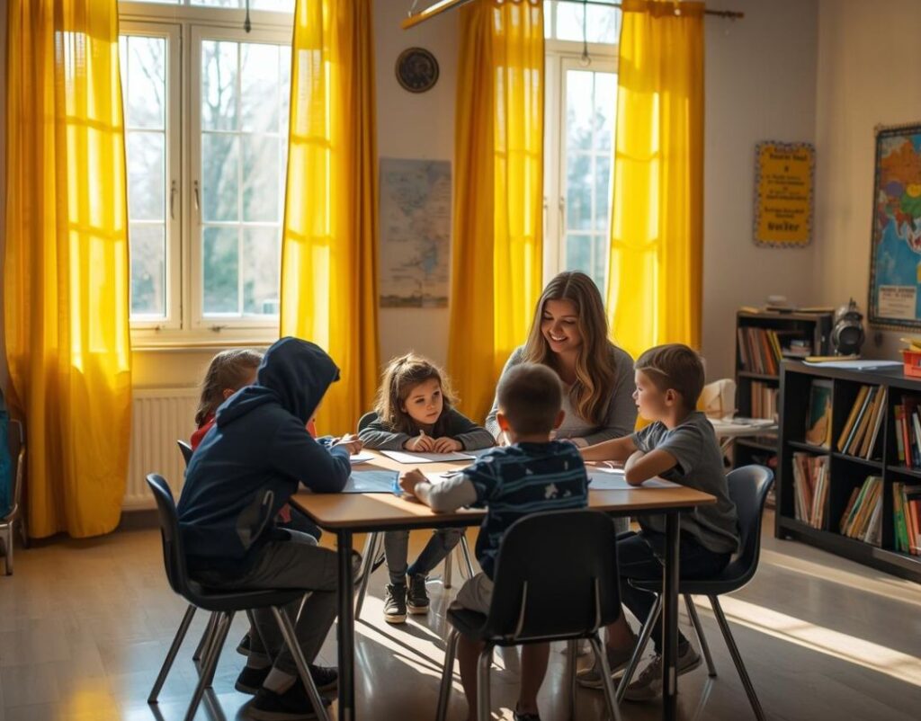 Insegnante con bambini in aula luminosa.