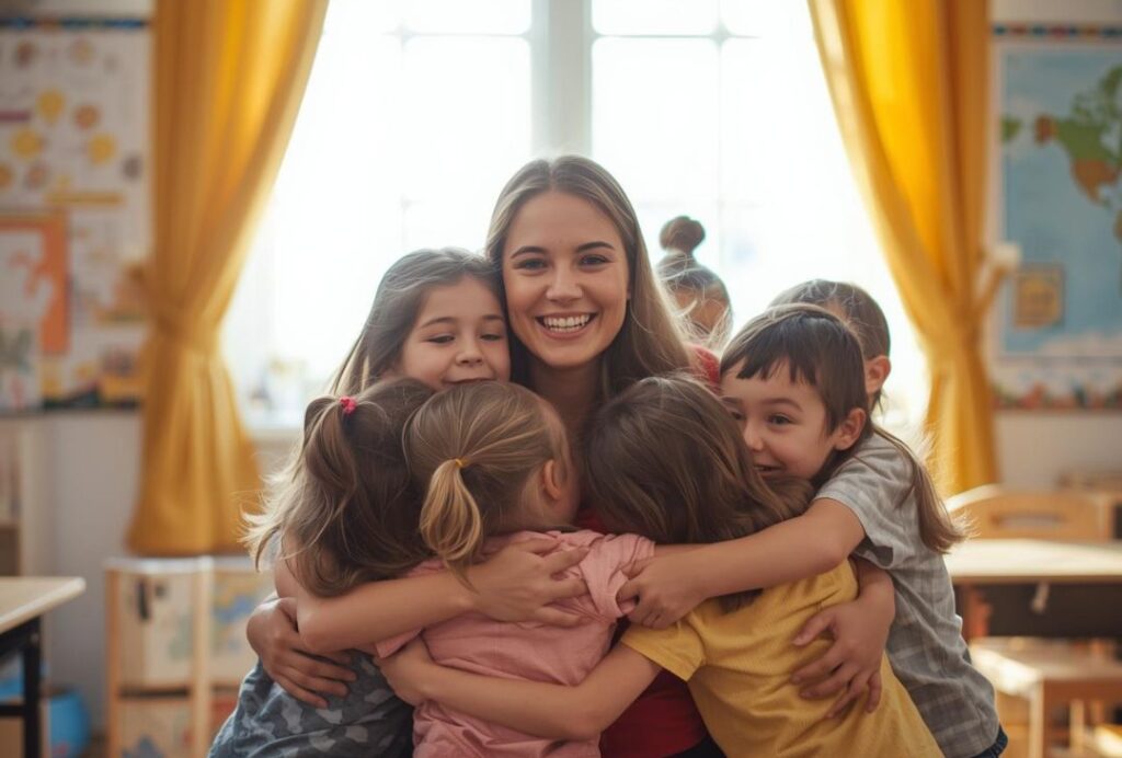 Educatrice abbraccia bambini in classe felice.